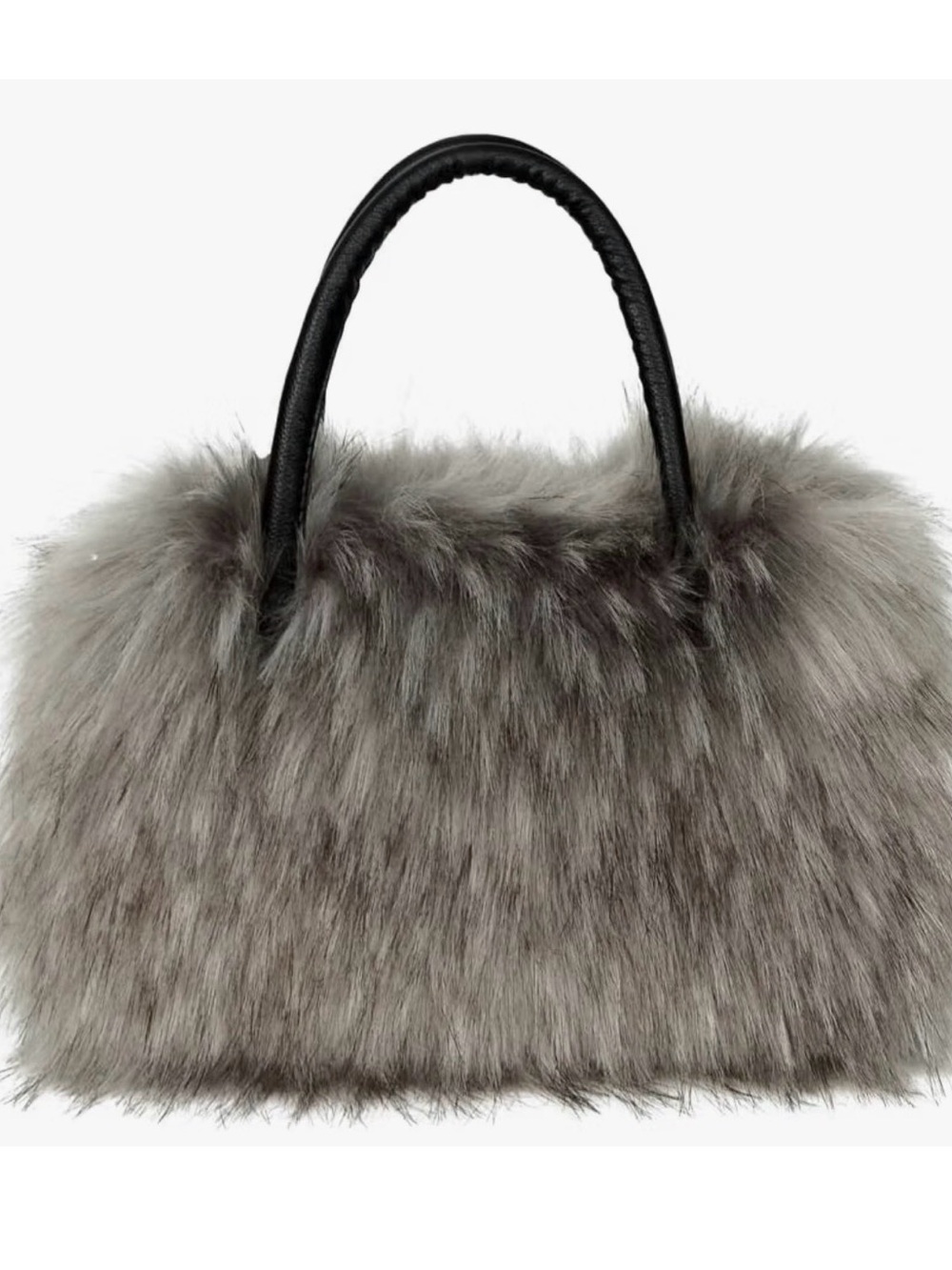 Faux Fur Tote Bag with Black Handles - Gray